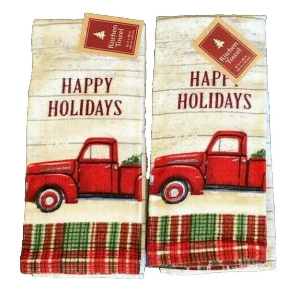 Christmas Red Farm Truck Kitchen Dish Towels Happy Holidays 100% Cotton Set Of 2